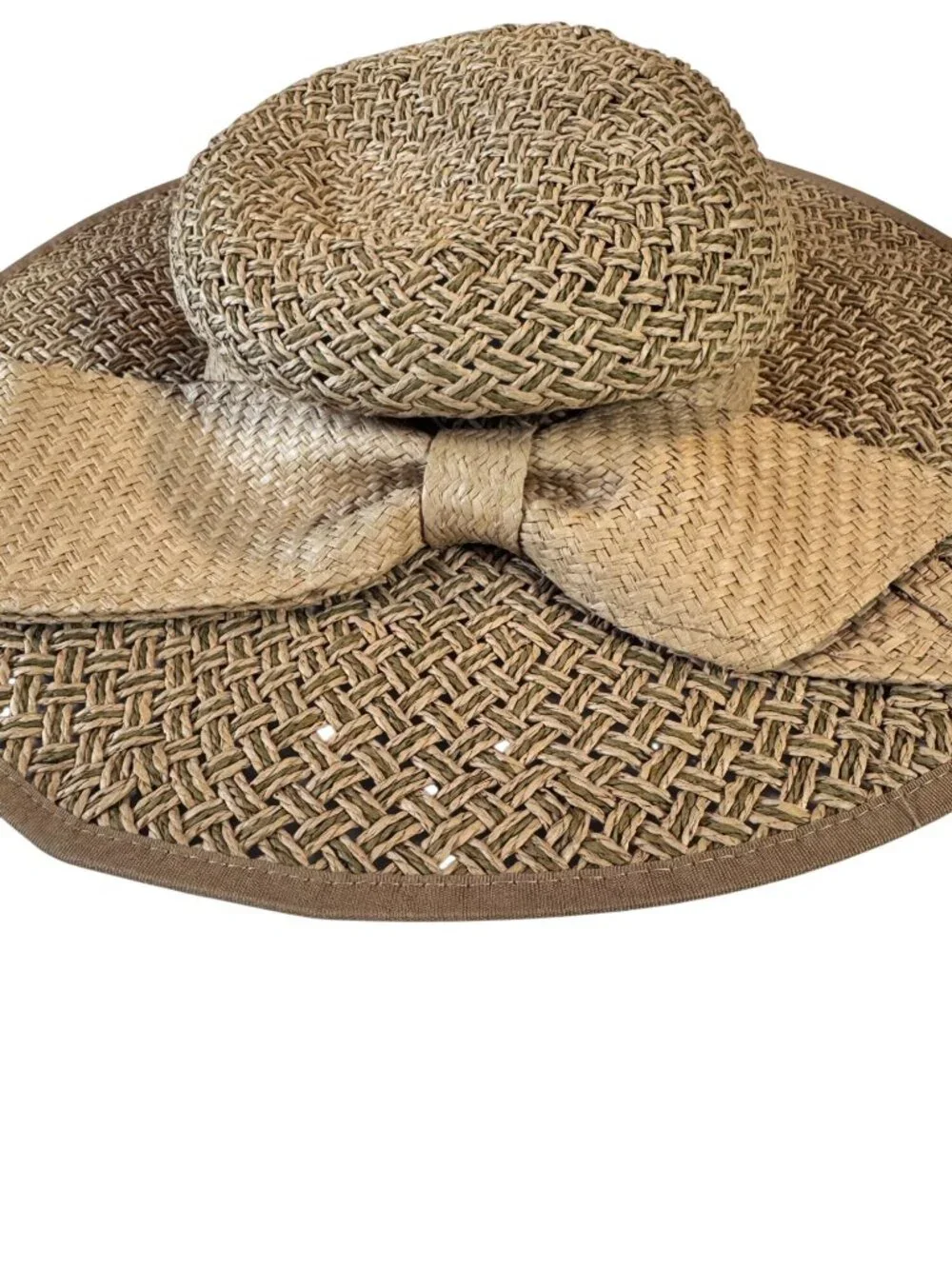 Vintage Women Wide Brim Paper Straw Sun Hat Bow Beige Summer Beach 57cm - Picture 7 of 10
